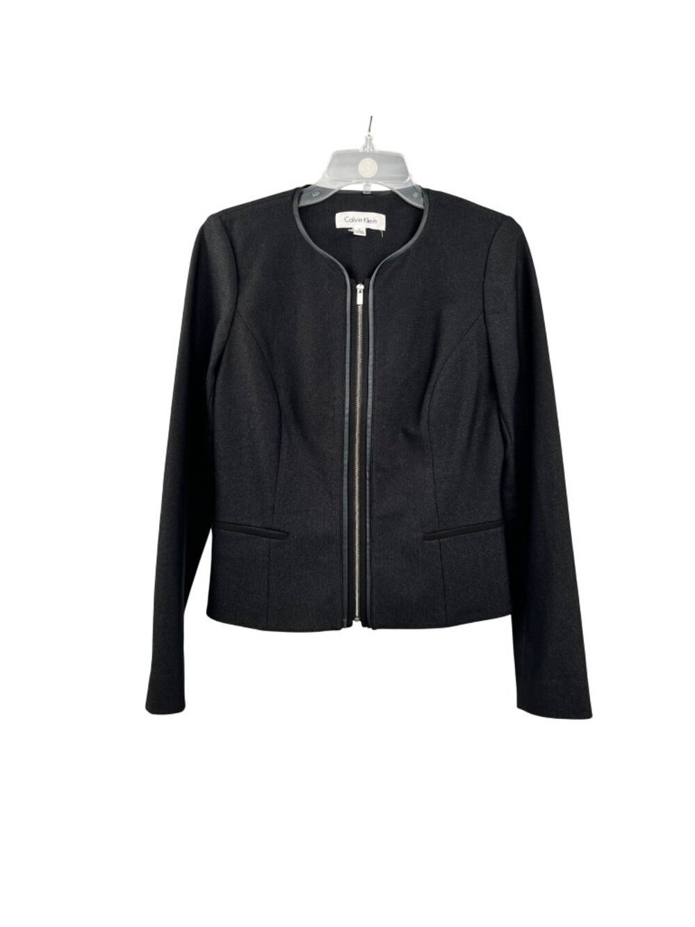 Calvin Klein Womens Blazer Full Zip Black/Silver Faux Leather Trim Size 6